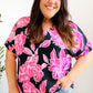 Tropical Vibes Black & Hot Pink Floral V Neck Top