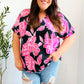 Tropical Vibes Black & Hot Pink Floral V Neck Top