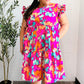 Look of Love Fuchsia Abstract Floral Print Smocked Ruffle Sleeve Dress