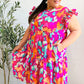 Look of Love Fuchsia Abstract Floral Print Smocked Ruffle Sleeve Dress