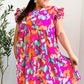Look of Love Fuchsia Abstract Floral Print Smocked Ruffle Sleeve Dress