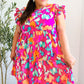 Look of Love Fuchsia Abstract Floral Print Smocked Ruffle Sleeve Dress
