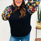 Diva Dreams Black Floral Sequin Mesh Sleeve Rib Knit Top