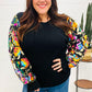 Diva Dreams Black Floral Sequin Mesh Sleeve Rib Knit Top