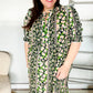 Hello Beautiful Black & Green Ruffled Notch Neck Babydoll Smocked Midi Dress