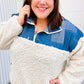 Good Vibes Denim & Ivory Patchwork Sherpa Half Zip Pullover