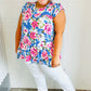 Sky Blue Floral Yoke Flutter Sleeve Keyhole Back Top