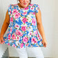 Sky Blue Floral Yoke Flutter Sleeve Keyhole Back Top