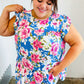 Sky Blue Floral Yoke Flutter Sleeve Keyhole Back Top