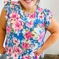 Sky Blue Floral Yoke Flutter Sleeve Keyhole Back Top