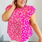 Hot Pink Floral Mock Neck Double Flutter Sleeve Top