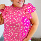 Hot Pink Floral Mock Neck Double Flutter Sleeve Top