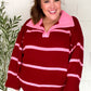 Fall For You Crimson Stripe Notched Neck Collared Oversized Sweater