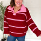Fall For You Crimson Stripe Notched Neck Collared Oversized Sweater