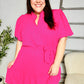 Star Struck Fuchsia Notched Neck Balloon Sleeve Sash Belt Mini Dress