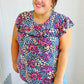 Navy Floral Print Frilled Short Sleeve Yoke Top
