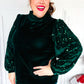 Under the Lights Green Velvet & Sequin Frill Mock Neck Top