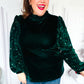 Under the Lights Green Velvet & Sequin Frill Mock Neck Top