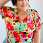 Multicolor Tropical Floral V Neck Drop Shoulder Top