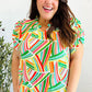 Hello Beautiful Green & Orange Geo Frill Notch Neck Puff Sleeve Top