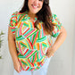 Hello Beautiful Green & Orange Geo Frill Notch Neck Puff Sleeve Top