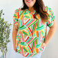 Hello Beautiful Green & Orange Geo Frill Notch Neck Puff Sleeve Top