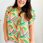Hello Beautiful Green & Orange Geo Frill Notch Neck Puff Sleeve Top