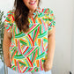 Hello Beautiful Green & Orange Geo Frill Notch Neck Puff Sleeve Top