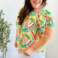 Hello Beautiful Green & Orange Geo Frill Notch Neck Puff Sleeve Top