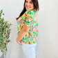 Hello Beautiful Green & Orange Geo Frill Notch Neck Puff Sleeve Top