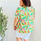 Hello Beautiful Green & Orange Geo Frill Notch Neck Puff Sleeve Top