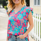 Flower Power Blue V Neck Flutter Sleeve Woven Blouse