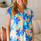 Tropical Breeze Turquoise Floral Banded V Neck Flutter Sleeve Top