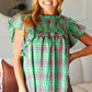 Live For Today Green Plaid Shirred Yoke Flutter Sleeve Top