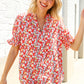 Elegant You Ruby Notched Neck Floral Smocked Sleeve Blouse