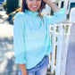 Elegant You Mint Frill Neck Back Button Ruffle Sleeve Blouse