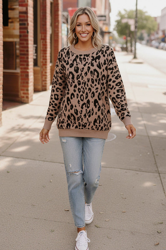 Leopard Jacquard Oversized Sweater Knit Top