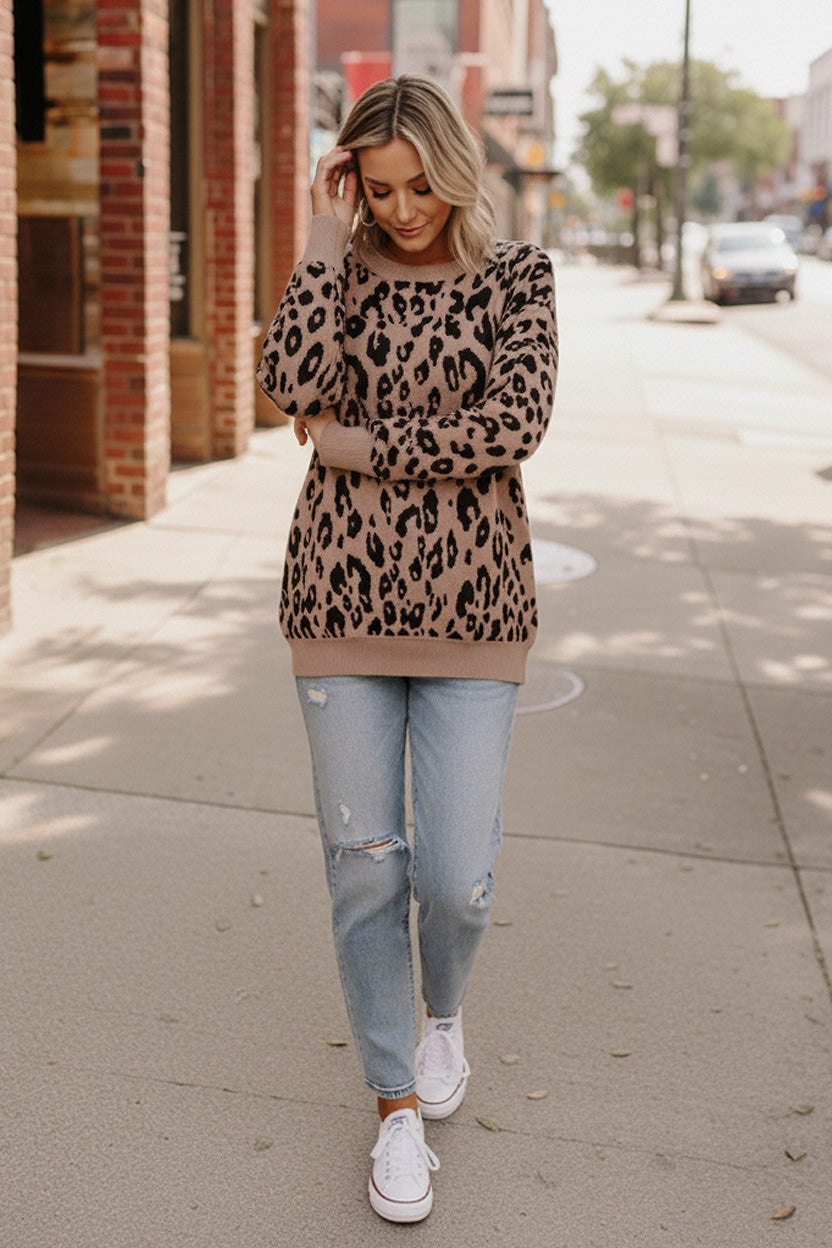 Leopard Jacquard Oversized Sweater Knit Top