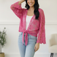 Beautiful You Fuchsia Crochet Front Tie Bell Sleeve Cardigan