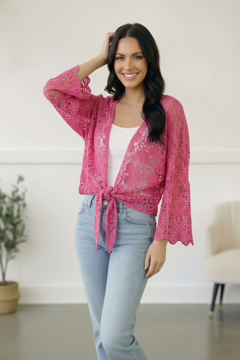 Beautiful You Fuchsia Crochet Front Tie Bell Sleeve Cardigan