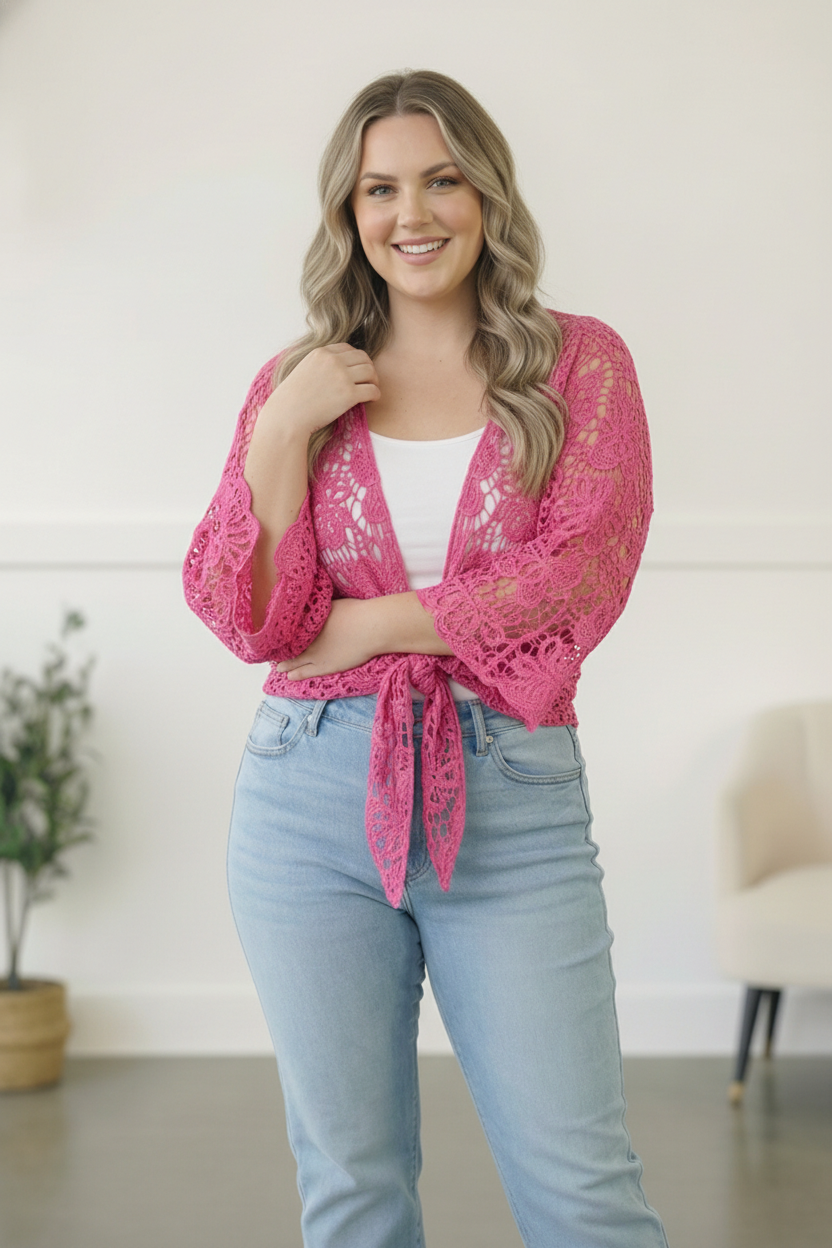 Beautiful You Fuchsia Crochet Front Tie Bell Sleeve Cardigan