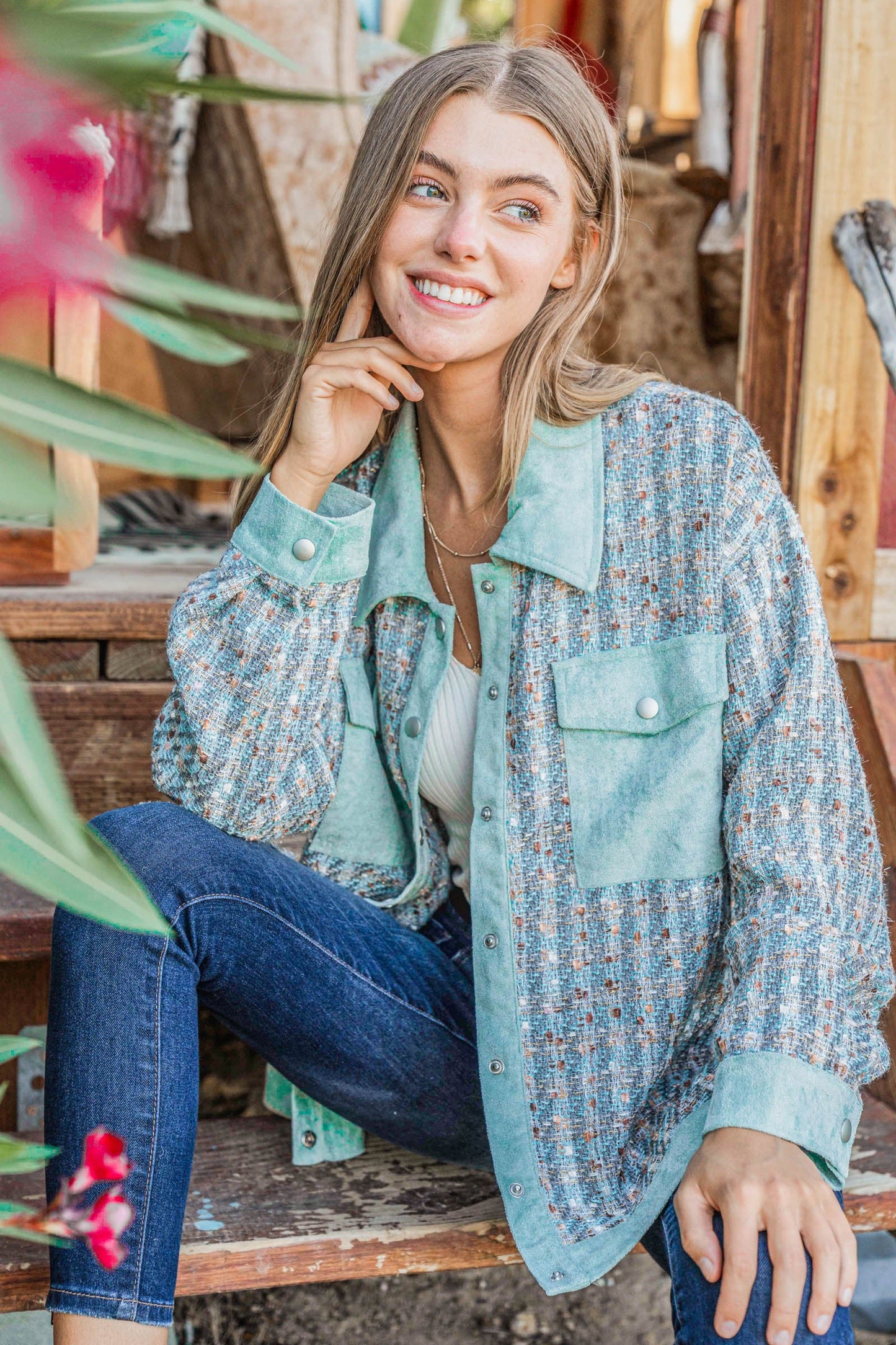 Put Together Turquoise Twill Banded Snap Button Jacket