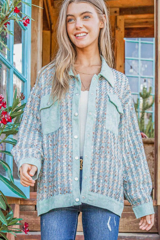 Put Together Turquoise Twill Banded Snap Button Jacket