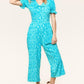PLUS Spring Vibes Aqua Ikat Print Ruffle Sleeve Wide Leg Jumpsuit