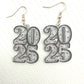 New Year's 2025 Silver Glitter Dangle Earrings